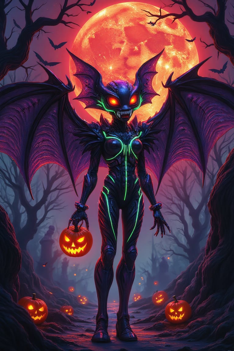 Create an image of a bat-like alien creature with strong Halloween elements. The alien is humanoid, wearing a sleek black and purple suit that glows with neon green lines of energy. It has large, mechanical bat wings that spread behind it, with small glowing jack-o'-lanterns hanging from the wing tips. The alien's face is elongated and eerie, with glowing red eyes and sharp fangs. It holds a carved pumpkin in one clawed hand, with a neon green light glowing from within. The background features an apocalyptic scene with a massive, cracked moon hanging low in the sky, casting an eerie red and orange glow. Twisted, leafless trees and floating bats surround the alien, creating a dark, spooky atmosphere. The colors are harmoniously blended in black, purple, neon green, and orange, with the overall mood being mysterious, eerie, and Halloween-themed.