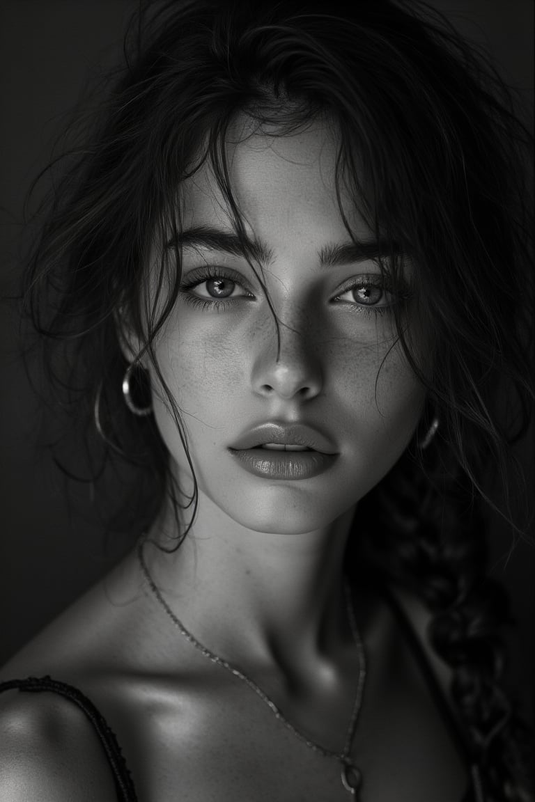Genera un retrato en blanco y negro,  inspirado en el estilo fotográfico de Peter Lindbergh,  de una mujer joven mirando d...