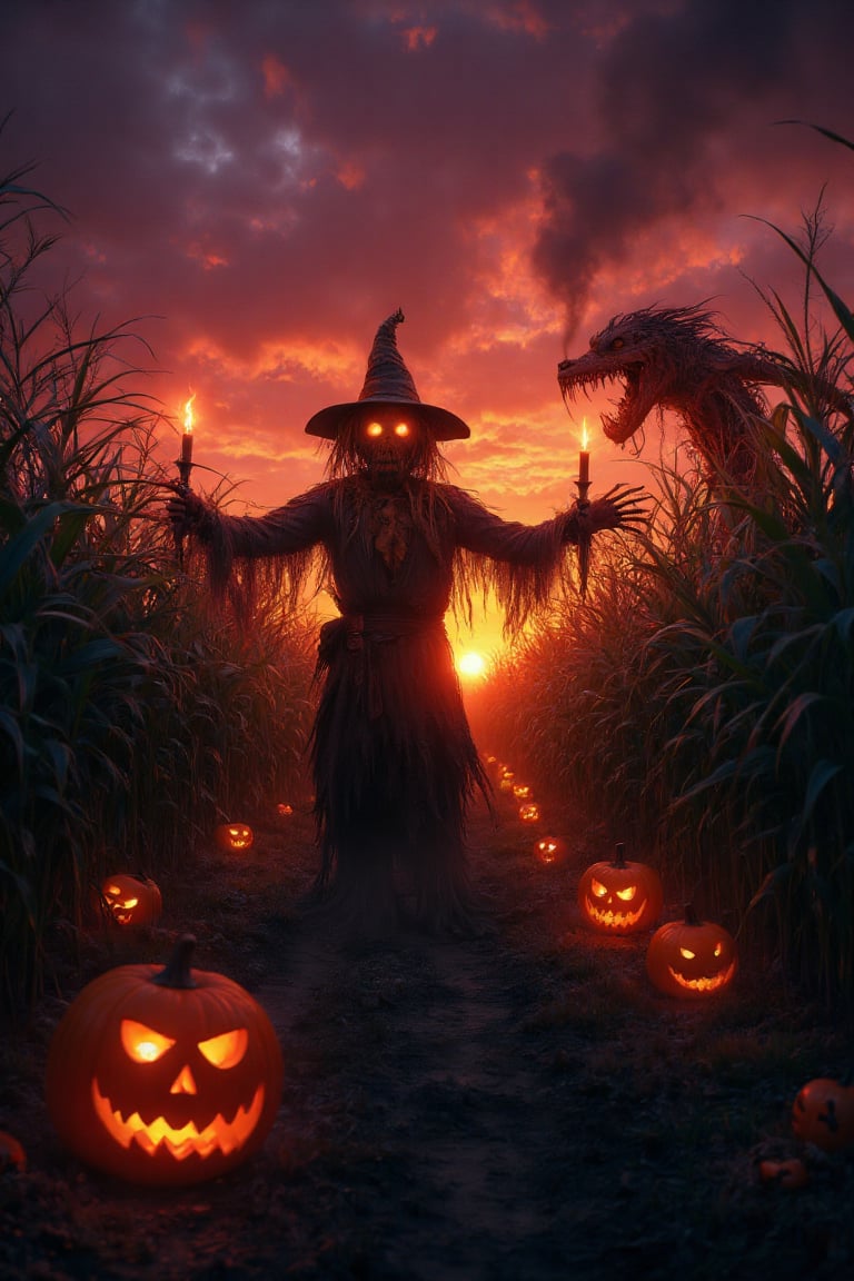 Create an image of a haunting Halloween scene set in a vast cornfield at sunset. In the center stands a sinister scarecrow with glowing eyes, dressed in tattered dark clothes and a wide-brimmed hat, its arms outstretched and holding flickering candles. Nearby, a monstrous Halloween creature emerges from the corn, its skin a sickly green olive, with long claws, sharp teeth, and glowing eyes that pierce through the eerie twilight. Around them, several carved jack-o'-lanterns are scattered, each lit from within by warm candlelight, casting orange glows across the field. The sky is a surreal gradient of deep granate and purple, with the sun setting low on the horizon, casting long shadows across the cornfield. The overall color palette balances the deep olive greens of the corn with the rich, otherworldly granate of the sunset, creating a dreamlike and terrifying atmosphere. The scene feels mystical, with light fog rising from the ground and faint shadows moving as the candles flicker.