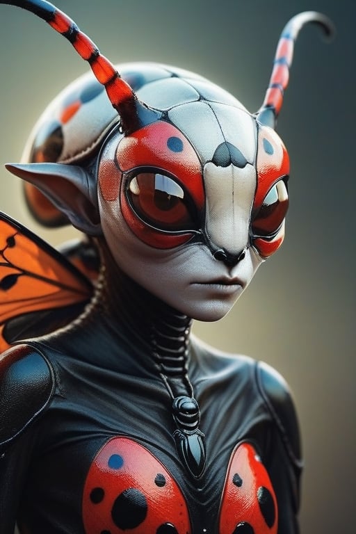Ethereal portrait of an alien creature with detailed ladybug features,  full ladybug body,  with warm brown highlights by...