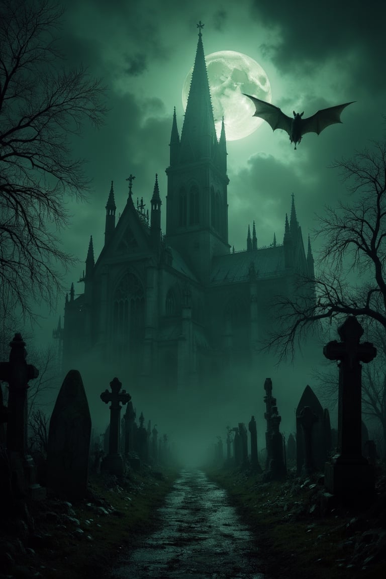 A dark and eerie gothic cathedral looms over a foggy, overgrown cemetery filled with old, crumbling tombstones. The sky is shrouded in thick clouds, with a glowing full moon casting a ghostly green light over the scene. A large bat flies ominously in the foreground, adding to the unsettling atmosphere. The cathedral's architecture is towering and sinister, with sharp spires and intricate stone carvings. The graveyard path is narrow and crooked, leading through the graves under the haunting silhouettes of dead, twisted trees. The overall ambiance is chilling, mysterious, and hauntingly atmospheric.