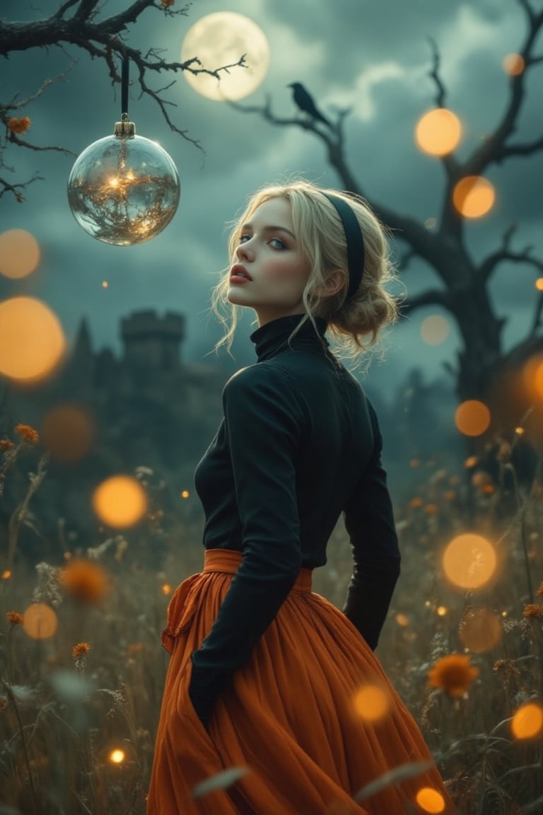 Ultra-realistic 8K surreal fashion portrait in Peter Lindbergh photography style with dramatic gothic atmosphere. A ethere...