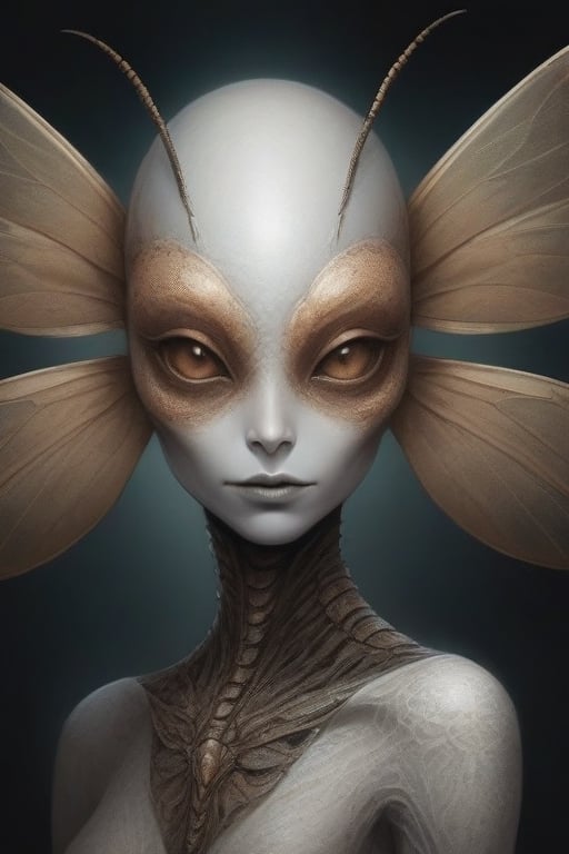 Ethereal portrait of an alien creature with detailed dragonfly features,  full dragonfly body with warm brown highlights,...