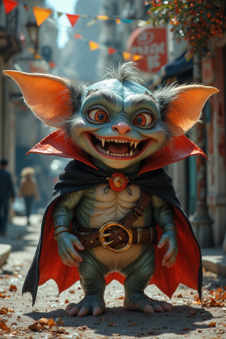 "A mischievous gremlin dressed as a vampire in a fun and colorful setting, with sharp teeth and a vampire cape.",
"style": "Cartoonish and fun style",
"technique": "Using light and playful brushstrokes, with a focus on the gremlin's expression and personality.",
"colors": "Red, blue, yellow, green",
"details": "The gremlin has sharp teeth and a vampire cape with a leather belt. His look is playful and mischievous, and his smile is contagious. The atmosphere is fun and playful, with an atmosphere of joy and fun.",
"lighting": "The lighting is bright and fun, with light shadows and an atmosphere of joy and fun. The sunlight illuminates the scene, creating an effect of happiness and fun."