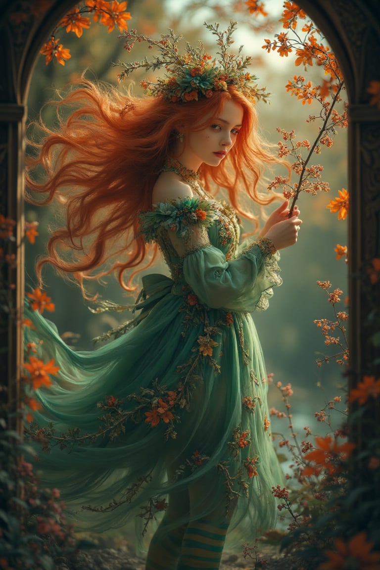 A hyper-realistic game art illustration of a whimsical,  ethereal figure with flowing crimson hair and piercing teal eyes,...