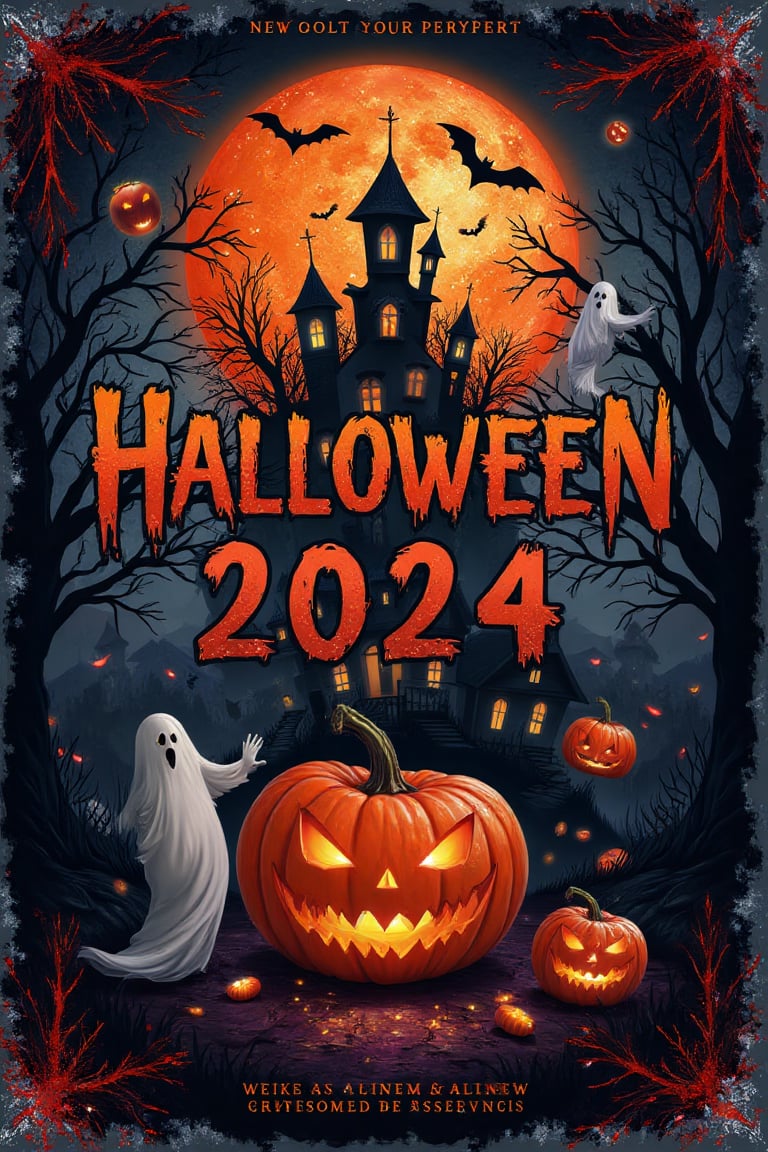 """ Create a poster for a Halloween party. Include a spooky, eye-catching title that says "Halloween 2024." Use a gothic or gory font style. Incorporate iconic Halloween images like pumpkins, ghosts, bats, and haunted houses. The color scheme should include black, orange, purple, and hints of white or green. Add a subtle background texture, like old paper or light fog, and use shadow and light effects to add depth.