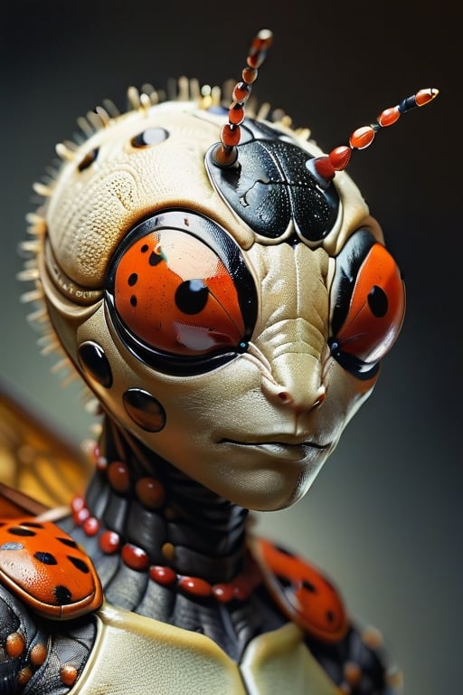 Ethereal portrait of an alien creature with detailed ladybug features,  full ladybug body,  with warm brown highlights by...