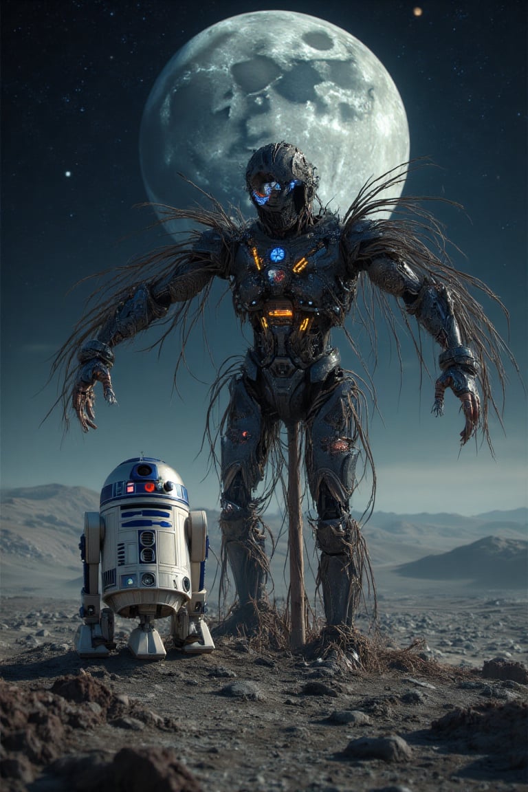 "A robot scarecrow in a lunar field, with R2-D2 at his side.", in the background a ((("Scarecrow Futuristic" logo))(

"style": "Futuristic and technological style",
"technique": "Use of expressive and dynamic brush strokes, with a focus on texture and lighting.",
"colors": "Dark and metallic colors, with a color palette: Black, gray, dark blue, silver",
"details": "The robot scarecrow has a futuristic and technological appearance, with lights and screens flashing on its body. R2-D2 stands next to it, looking up at the scarecrow with curiosity. The moon is in the background, looking desolate and empty.",
"lighting": "The lighting is dramatic and expressive, with light and shadow highlighting the figure of the robot scarecrow and the lunar atmosphere."