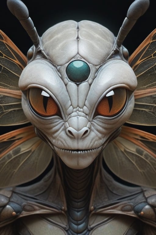 Ethereal portrait of an alien creature with detailed dragonfly features,  full dragonfly body with warm brown highlights,...