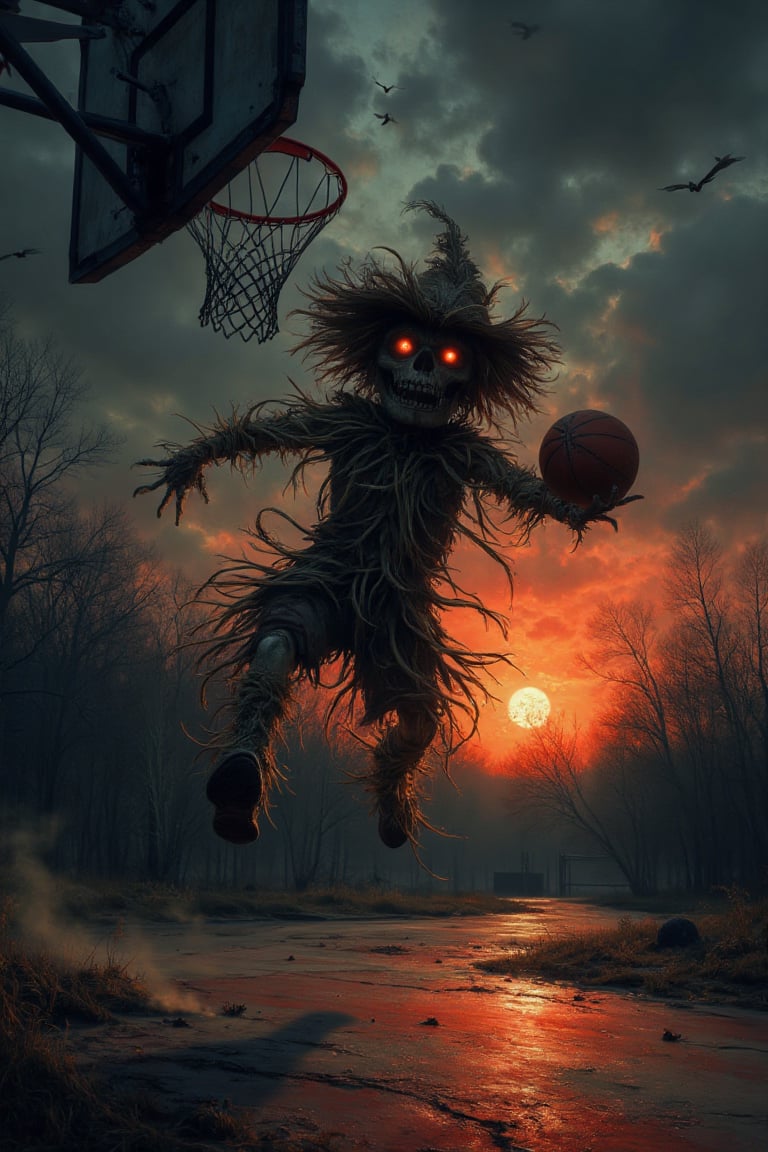 "A scarecrow playing basketball with a straw hat, in a gloomy setting with the setting sun, jumping towards the basket.", logo"scarecrow"

"style": "Dark and gloomy style",
"technique": "Use of expressive and dynamic brush strokes, with a focus on texture and lighting.",
"colors": "Dark and mysterious colors, with a color palette: Black, dark red, dark blue, orange-yellow",
"details": "The scarecrow has an expression of intensity and passion, with eyes that shine with a mysterious light. The basketball court is dark and deserted, with a setting sun illuminating the scene with a reddish and mysterious hue. The scarecrow jumps towards the basket, with a fluid and athletic movement, while the ball bounces on the ground with a dry and metallic sound.",
"lighting": "The lighting is dramatic and expressive, with light and shadows which highlight the figure of the scarecrow and the eerie atmosphere. The setting sun creates an effect of warmth and mystery."