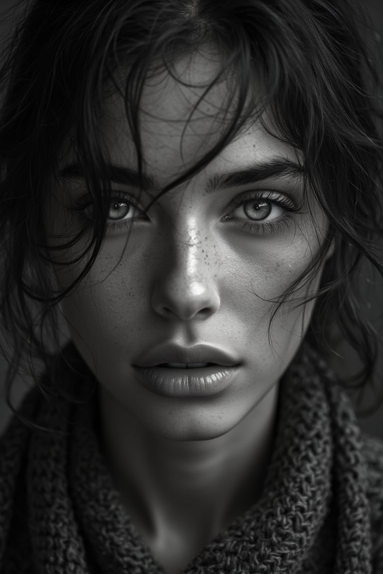 Genera un retrato en blanco y negro, inspirado en el estilo fotográfico de Peter Lindbergh, de una mujer joven mirando directamente a la cámara con una expresión íntima y profunda. La **iluminación** debe ser suave y natural, evitando perfección exagerada, y enfocándose en capturar la esencia humana y la belleza natural de la mujer. Las sombras y luces deben acentuar las líneas y texturas del rostro, destacando su expresión emocional y vulnerable. El rostro de la mujer está desprovisto de maquillaje o con un toque muy sutil, resaltando la autenticidad y la imperfección que Lindbergh valoraba en sus retratos.

Los **detalles precisos** incluyen una mirada profunda, con ojos que transmiten historia, fuerza y fragilidad al mismo tiempo. Su cabello está ligeramente despeinado, cayendo de manera descuidada alrededor de su rostro, dándole un aspecto natural y sin artificios. La expresión de sus labios es relajada, con una leve separación que añade un toque de naturalidad y espontaneidad. La textura de su piel, con todas sus pequeñas imperfecciones, poros y arrugas sutiles, debe ser capturada fielmente, realzando la belleza real sin retoques ni filtros.

El **fondo** es simple y desenfocado, típicamente neutro, con tonos de gris que no distraen la atención del rostro. La imagen utiliza una profundidad de campo mínima, con un enfoque absoluto en el rostro de la mujer y el resto en un suave desenfoque. El blanco y negro debe estar lleno de contrastes suaves, pero sin perder la delicadeza de las sombras, creando un ambiente crudo, emocional y lleno de vida.

Asegúrate de que la imagen **transmita una sensación de humanidad, autenticidad y conexión emocional**, características clave del trabajo de Peter Lindbergh. La mujer debe parecer fuerte pero accesible, mostrando su belleza sin la necesidad de adornos, con una conexión directa entre su mirada y el espectador.

Los **elementos adicionales** son mínimos, con toda la atención en el rostro y la expresión de la mujer. La imagen debe ser extremadamente detallada, con un enfoque en el realismo emocional, capturando la intimidad de la interacción con la cámara en un estilo clásico y atemporal.
