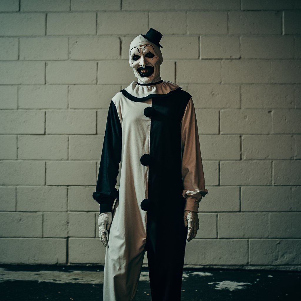 street photography of a slim artclown in a gore scene,  white brick wall,  soft shadows,  neutral tones,  facing forward,  slight tilt,  relaxed stance,  centered subject,  eye-level shot,  natural light,  at night,  colorful,  (fisheyes view:1.1),  shot on Canon EOS 5D Mark IV with Canon EF 24-70mm f-2.8L II 