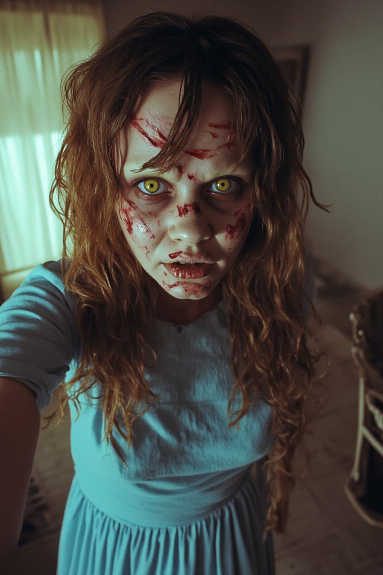 photography of photography of photography of exregan in a gore scene of horror,  brown hair,  yellow eyes,  Evil expression,  wearin a blue dress,  indoor room,  sheer curtains,  soft shadows,  standing straight,  arms relaxed,  facing camera,  centered subject,  natural lighting,  eye-level angle,  indoor,  artificial lighting,  Pastel color palette,  dynamic composition,  bioluminiscent,  (selfie:1.2),  shot on Ricoh GR III with GR 18.3mm f-2.8,  photo by Margaret Bourke-White 