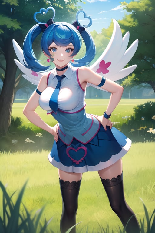 masterpiece, best quality, highres, heart hair ornament, ba1, 1girl, solo, jewelry, necktie, skirt, sleeveless, blue necktie, choker, breasts, black thighhighs, shirt, dress, blue skirt, skirt_ornament, wings, four-leaf clover_facial_tattoo, , standing, cowboy shot, smile, grass, field, leaning forward, hand on hip, 1boy, paizuri, 