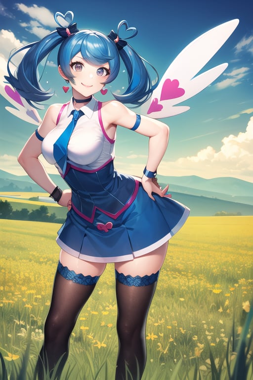 masterpiece, best quality, highres, heart hair ornament, ba1, 1girl, solo, jewelry, necktie, skirt, sleeveless, blue necktie, choker, breasts, black thighhighs, shirt, dress, blue skirt, skirt_ornament, wings, four-leaf clover_facial_tattoo, , standing, cowboy shot, smile, grass, field, leaning forward, hand on hip, 