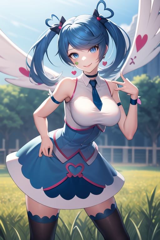 masterpiece, best quality, highres, heart hair ornament, ba1, 1girl, solo, jewelry, necktie, skirt, sleeveless, blue necktie, choker, breasts, black thighhighs, shirt, dress, blue skirt, skirt_ornament, wings, four-leaf clover_facial_tattoo, , standing, cowboy shot, smile, grass, field, leaning forward, hand on hip, 1boy, paizuri, 