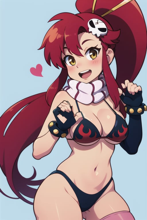 masterpiece, best quality, highres, yl1, ponytail, scarf, bikini top only, midriff, fingerless gloves, skull hair ornament, elbow gloves, pink thighhighs, cowboy shot, moor, smile, open mouth, heart hands, bikini, swimsuit, yoko_littner, black_bikini, blush, large_breasts, (abs:0.6)