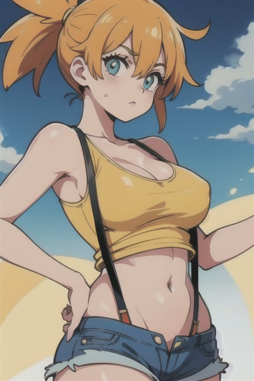 1girl, misty_(pokemon), orange_hair, denim, denim_shorts, aqua_eyes, ponytail, short_hair, side_ponytail, shirt,(masterpiece), yellow_shirt, yellow shirt, navel, suspenders, tank_top, (pantsu_ripper): 1.6, asymmetrical_hair