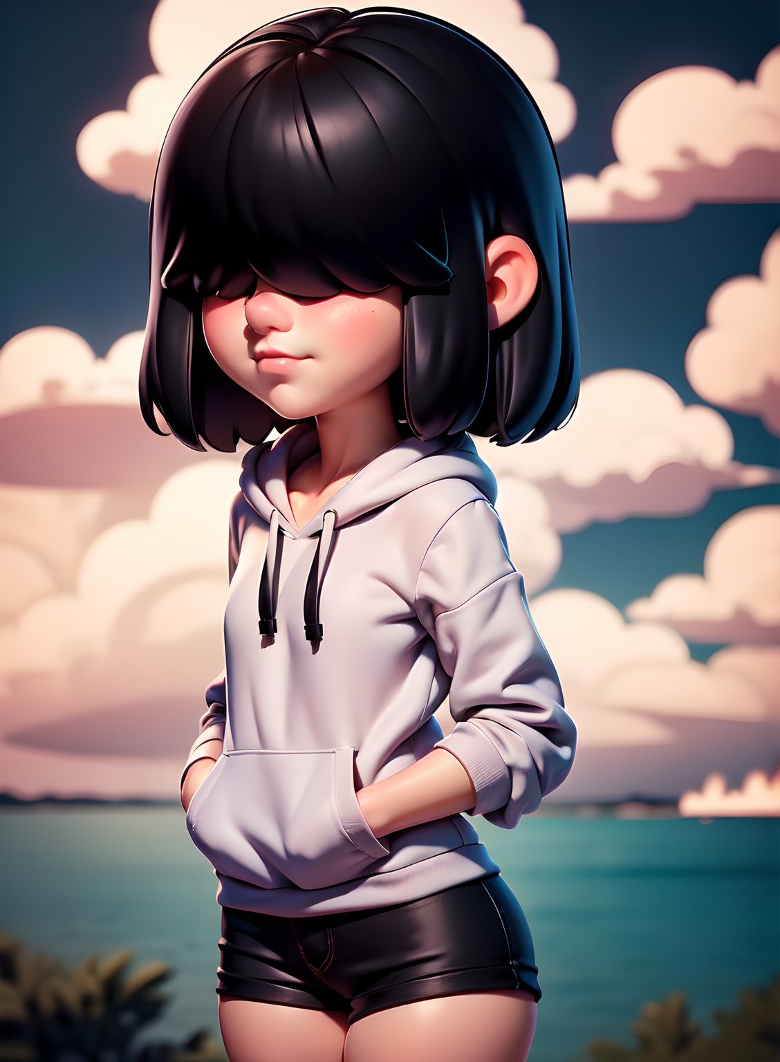 1girl,Look straight ahead, masterpiece, best quality,3dmm style,3d,realistic, high-quality, 3D realistic works, ultra-high details, 4k, real skin materials,simple background, (Child), (8 years old), 

(lucy loud:1.3), (short bob), (hair over eyes:1.5), black hoodie, hair over eyes, striped thighhighs, black hair, thick thighs, (hair over eyes:1.5), (straight bangs:1.5), bangs up to the nose, (bangs covering the eyes:1.5), bangs to the mouth, 


outdoors,cowboy shot, short hair, cloud, cloudy sky, hands in pockets, oversized clothes,


