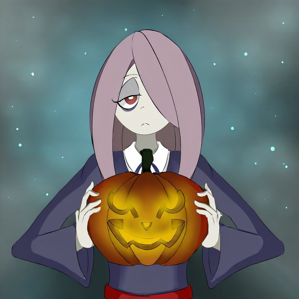 1girl,solo,looking_at_viewer,upperbody, straight-on,((sucy_manbavaran)),pale_skin,one_eye_closed,v_hand,simple_background,jack-o'-lantern,(detailed,highres,absurdres, lighting_particles)