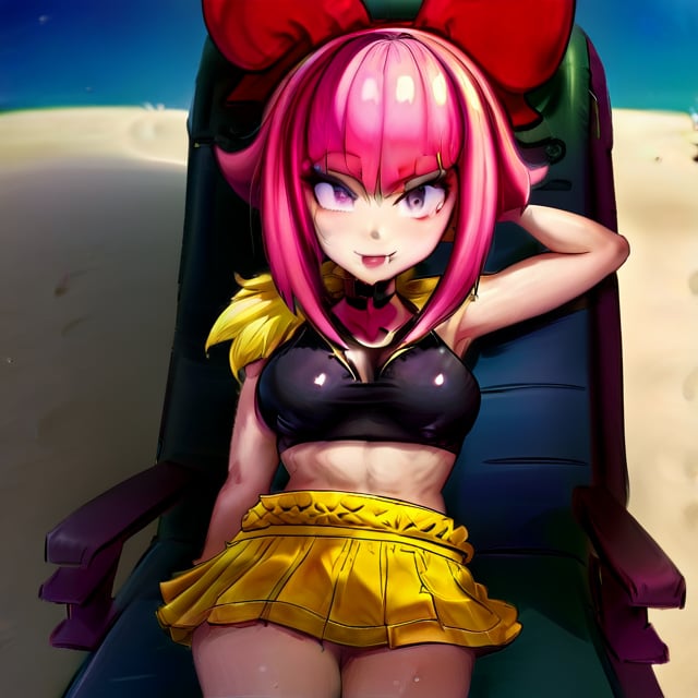 1girl,solo
melodie
pink hair,short hair,sidelocks,hair bow
looking at viewer, opem mouth, smile
black crop top,yellow skirt
thighhighs 
sitting in chair, in the beach