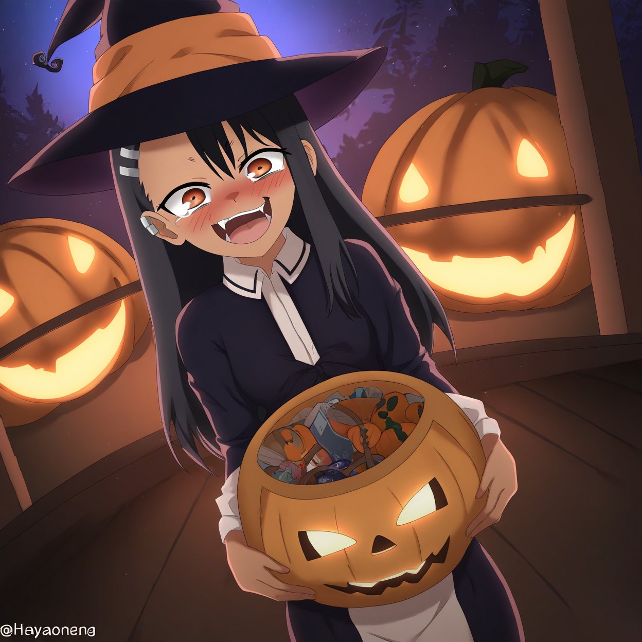 pov_peephole,outdoors,1girl,alternative_costume, witch,witch_hat,((Hayase_Nagatoro)),smilling,canine_tooth,crazy,holding_basket,hallowen,night,glowimg_eyes,dutch_angle,pesperctive, jack-o'-lantern,porch,((masterpiece)),(absurderes,highres,4k,best_quality,low_lighting)