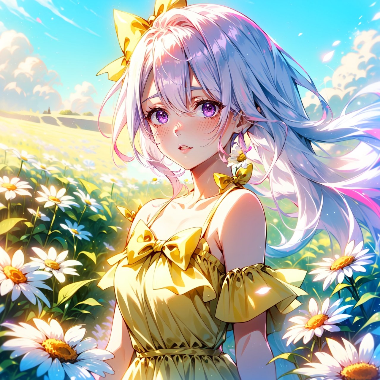 A cute girl with pink hair, lilac eyes, white skin, wearing a yellow dress, with pretty bows in her hair, field background with several daisies.,1 girl