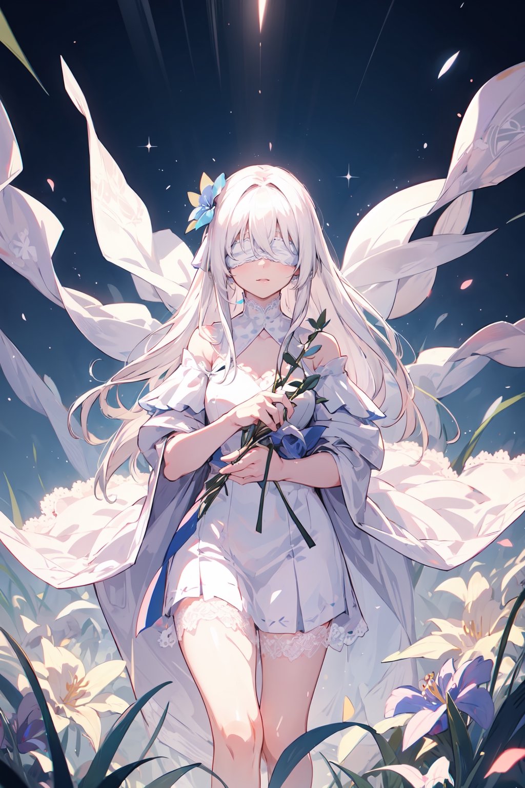 A girl with long, long white hair, wearing white blindfolds, baby blue lace and silk dress, white_skin, on a flowery background with several flowers around, in linear cinematic lighting.