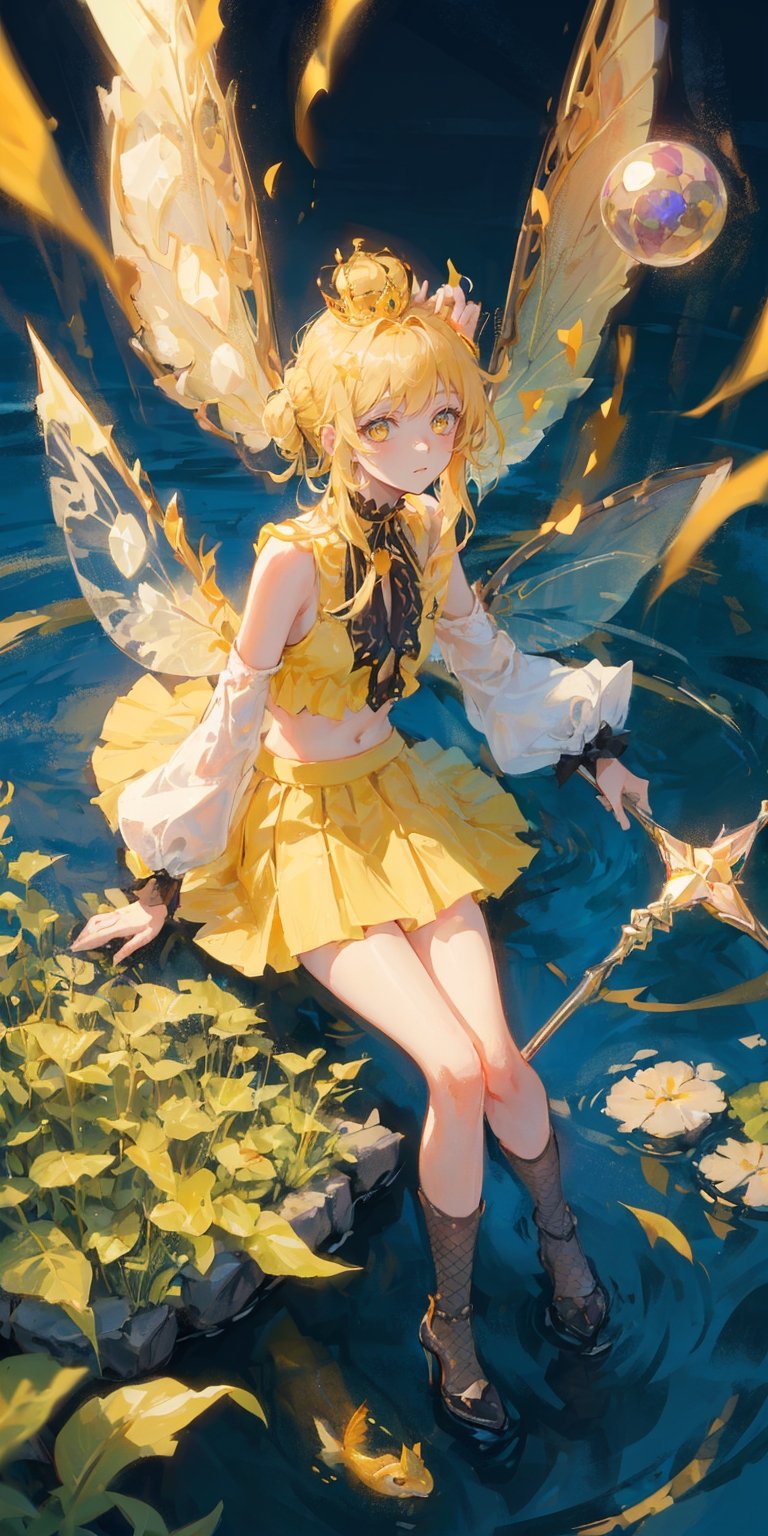 A solar fairy, with a blue crown on her head, yellow eyes, long blond hair tied up in a mary jane, wearing a yellow top, short yellow skirt, fishnet stockings, blue crystal high heels, transparent fairy wings, holding a spherical staff in a lake setting. 