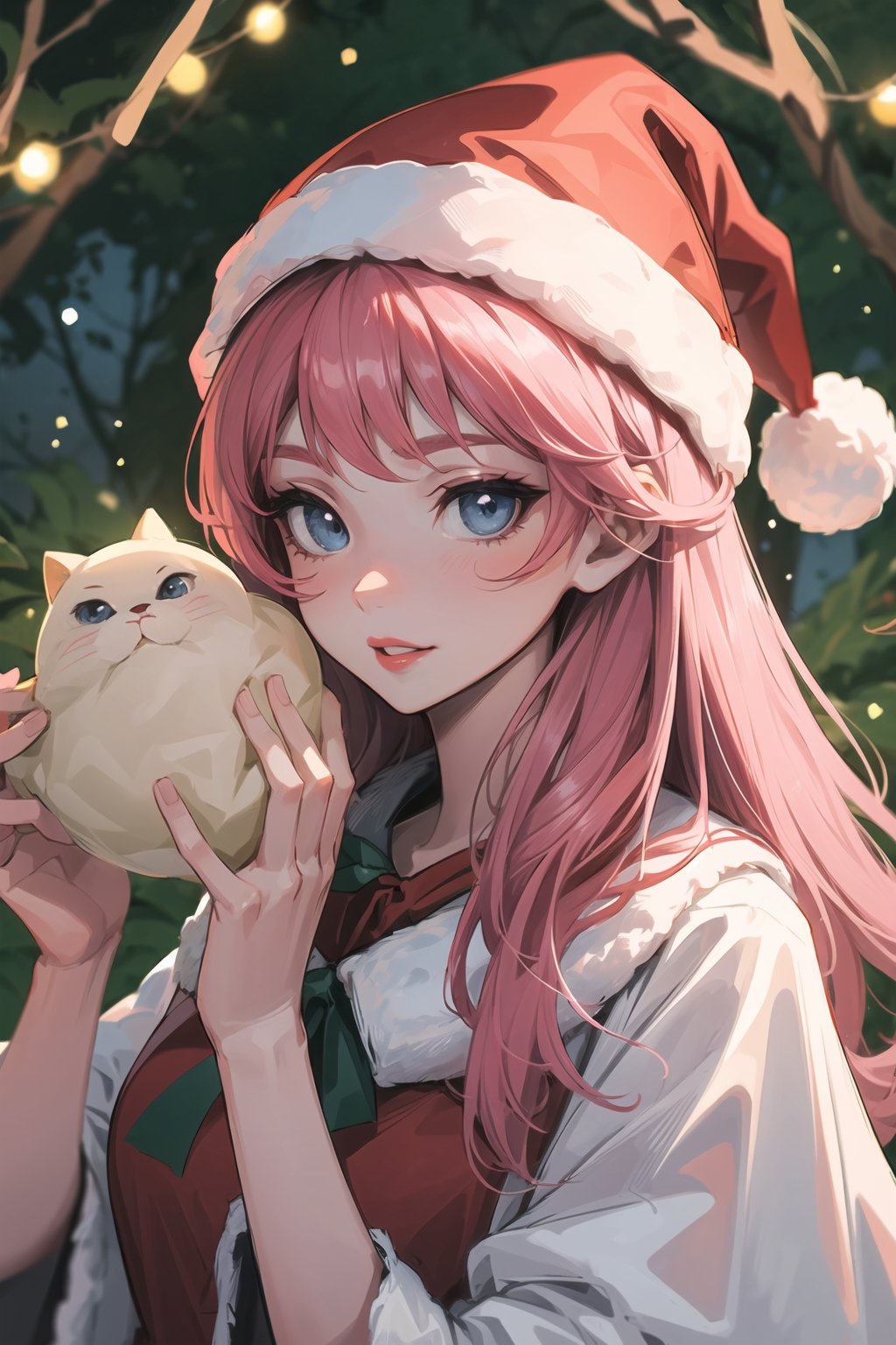 A cute girl with pink hair, blue eyes, pale skin, red lips wearing a Santa hat and Christmas clothes holding various presents in a forest with various animals around her