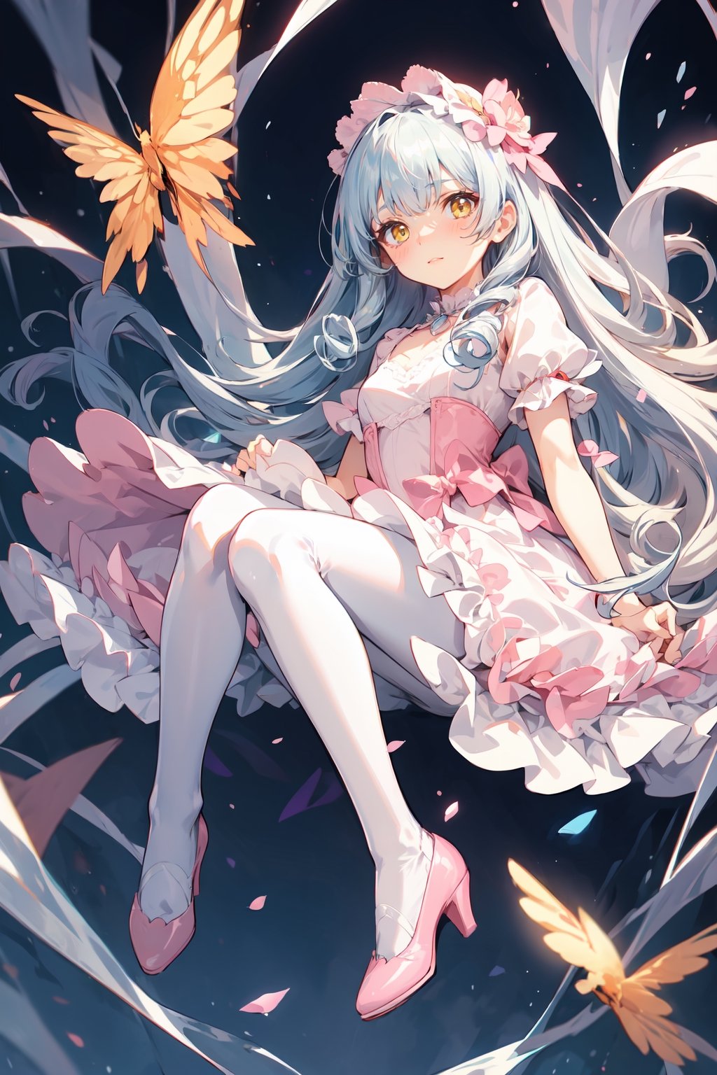 a cute girl wearing a pretty pink dress with ruffles and lace, white silk tights, blue crystal shoes, long straight white curly hair with bangs, yellow eyes.