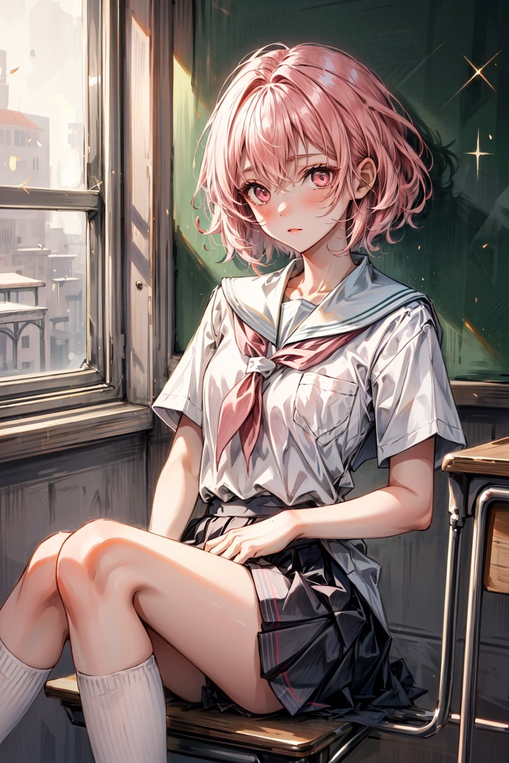 A cute school girl, short pink hair, pink eyes, white skin, wearing a school uniform, cute.