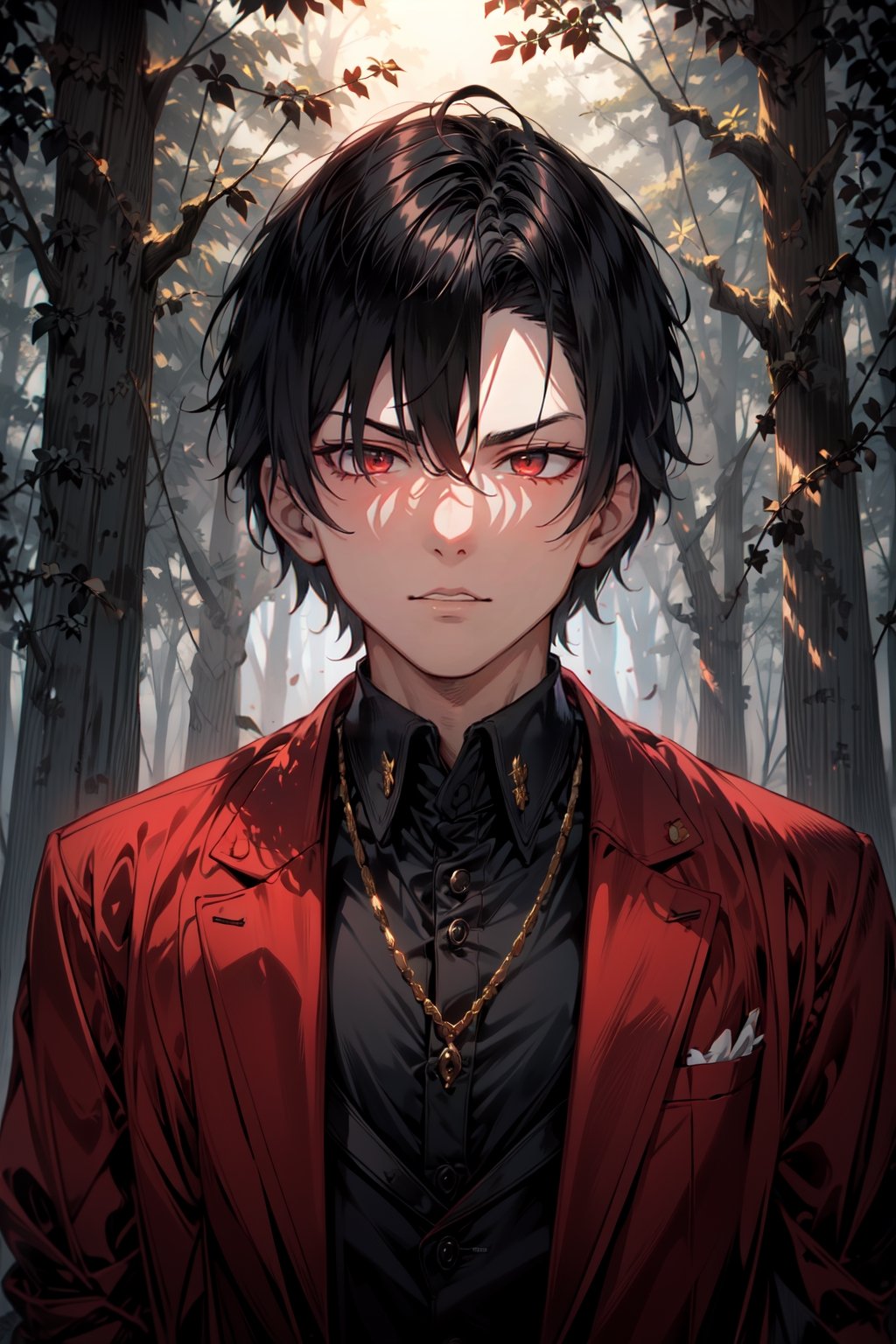 A boy wearing red coat elite school uniform, black hair, crimson color death gaze, fair skin, in a forest, cinematic lighting.