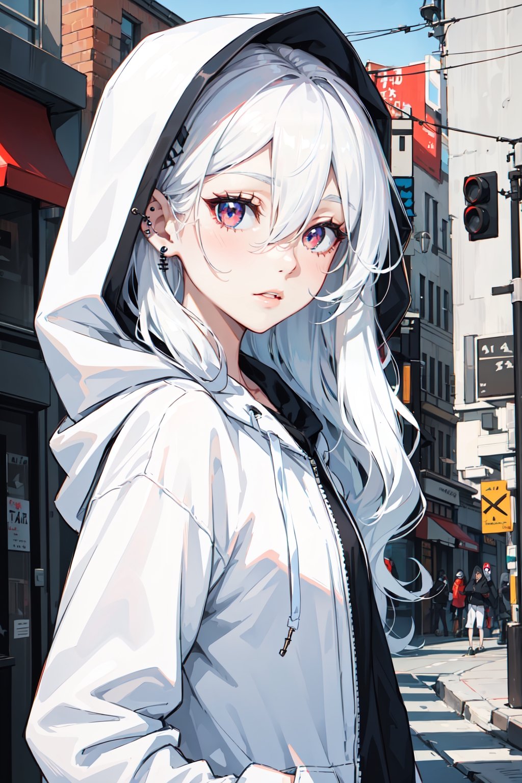 spider_oc, 1girl, long hair, wavy hair, white hair, white eyes, pale skin, hair between eyes, closed mouth, piercing, lips piercing, animification, hood, white hoodie, city, looking at viewer, solo, 