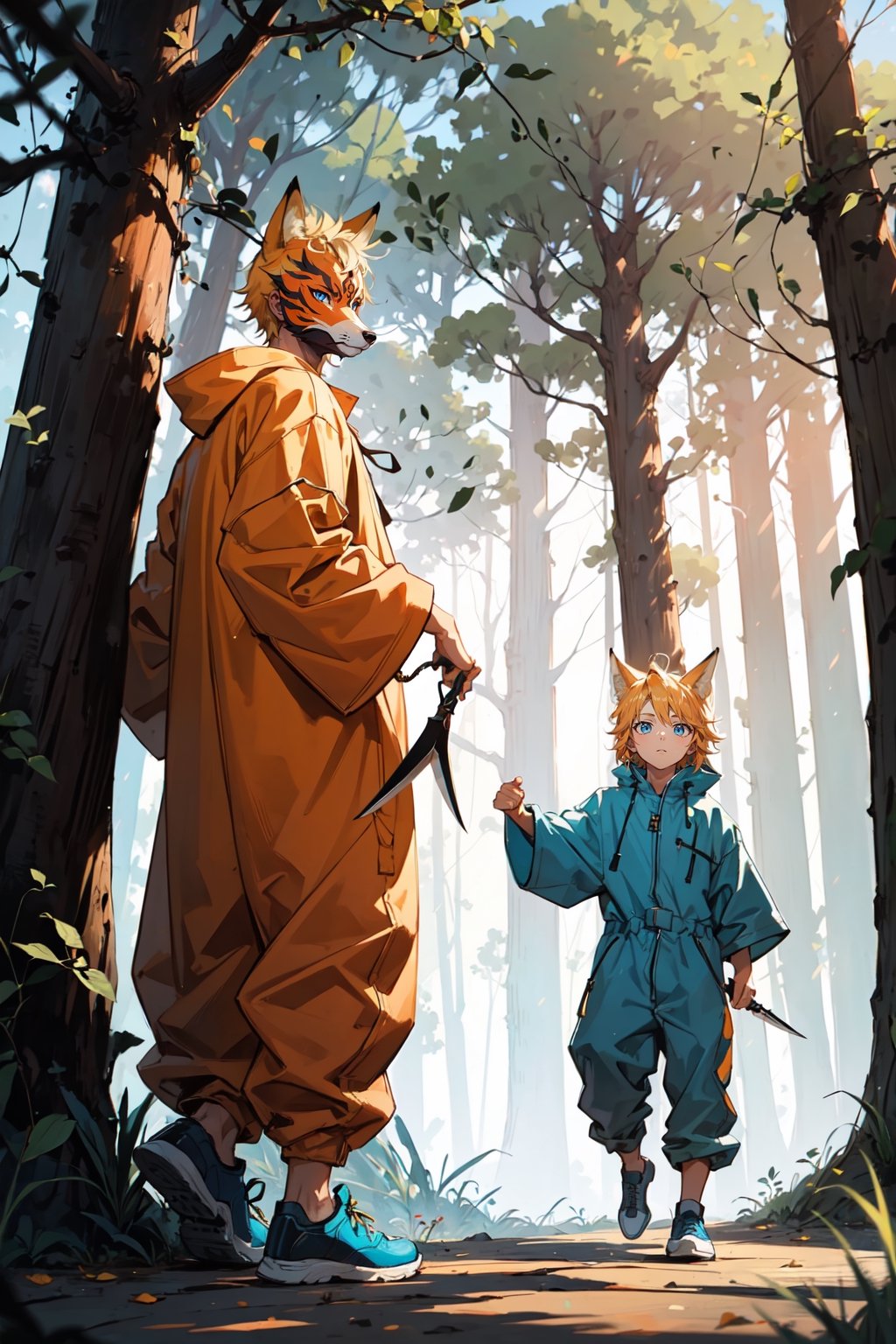 A boy with blonde spiky hair and blue eyes, wearing an orange jumpsuit, blue shoes in a forest carrying kunai and a fox mask on his side, dramatic lighting 