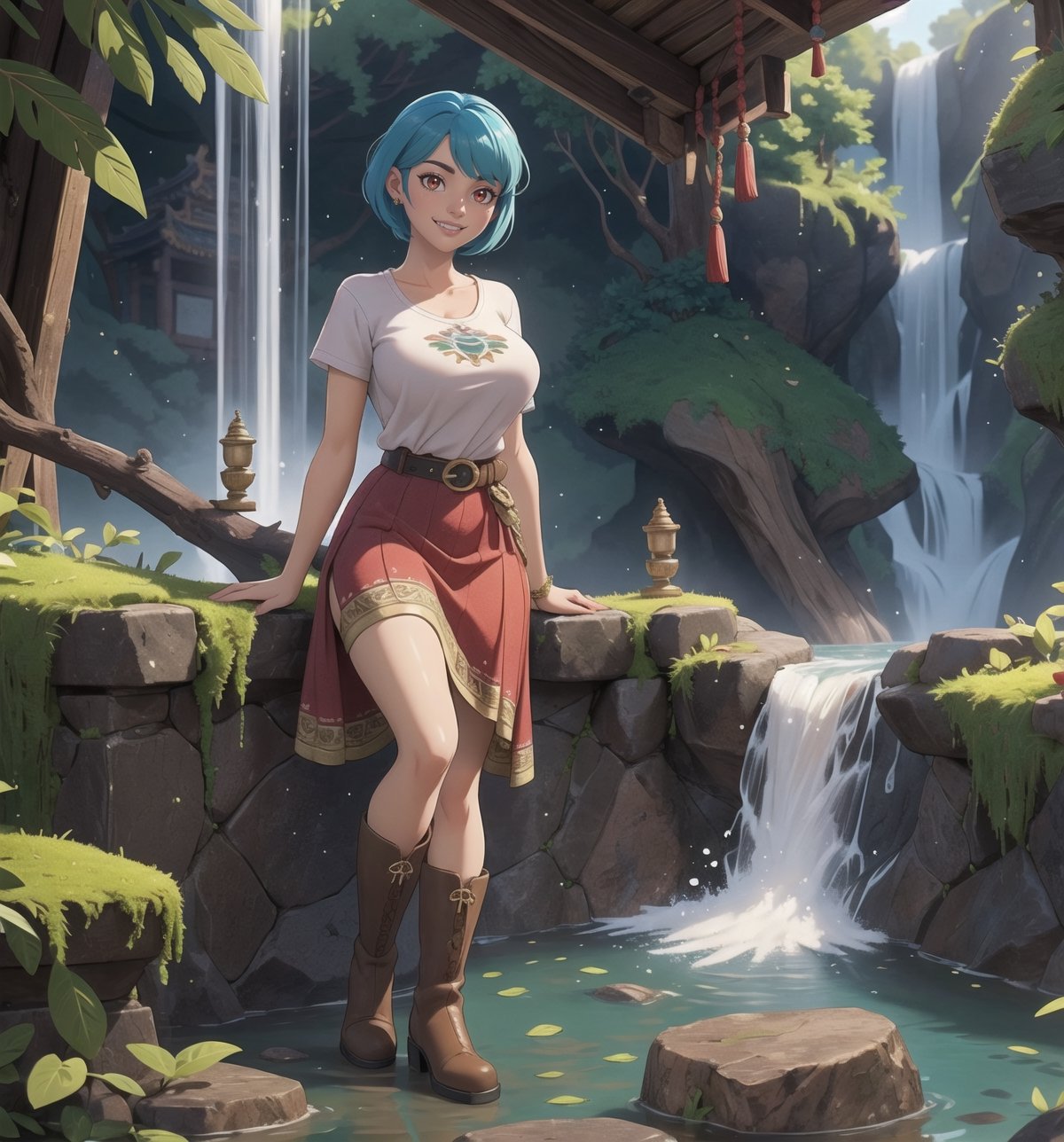 ((Masterpiece in maximum 16K resolution, with the realistic style emphasizing precise textures and details)). | A beautiful 24-year-old mature woman, with short blue hair and large bangs in front of her left eye, is in an ancient temple inside a waterfall, surrounded by various Aztec structures and figurines. She wears a white t-shirt, a short red accordion skirt, brown leather boots, and a black leather belt. Her outfit highlights her gigantic breasts. She looks directly at the viewer with red eyes and smiles evilly, showing her teeth. | The setting includes ancient stone structures, Aztec figurines, tropical vegetation, and falling water in the foreground, with moss-covered stone walls and roots in the midground. | Three-dimensional composition with a medium angle, highlighting the woman's figure and the mystical environment. | With cinematic lighting and elements such as sparkles, soft lighting, softness and particles add dynamism. | Scene of a beautiful mature woman in an ancient temple inside a waterfall, surrounded by various Aztec structures and figurines. | The camera is positioned very close to her, revealing her entire body as she assumes a sensual pose, interacting with and leaning against a structure in the scene in an exciting way. | (((She takes a sensual pose as she interacts, boldly leaning on a structure, leaning back in an exciting way.))), (((((full-body image))))), ((perfect pose, perfect anatomy, perfect body)), ((better hands, perfect fingers, perfect legs, perfect hands)), (((gigantic breasts))), (((perfect composition, perfect design, perfect layout, correct imperfections))), ((More Detail, Enhance)), toon