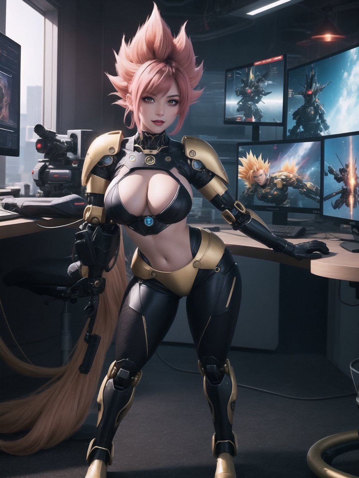 A woman, wearing an all-black mecha costume, mecha costume with golden parts, mecha costume with golden lights, mecha costume very tight on the body, wearing a mecha helmet with a transparent visor with lights, gigantic breasts, pink hair, ((super saiyan hair)), spiky hair, very short hair, messy hair, hair with bangs in front of the eyes, (looking directly at the viewer),  she's in a futuristic lab, computers, machines, destroyed robot, window showing the city, 16K, UHD, best possible quality, ultra detailed, best possible resolution, Unreal Engine 5, professional photography, she is, ((sensual pose with interaction and leaning on anything + object + on something + leaning against)) + perfect_thighs, perfect_legs, perfect_feet, better_hands, ((full body)), More detail,