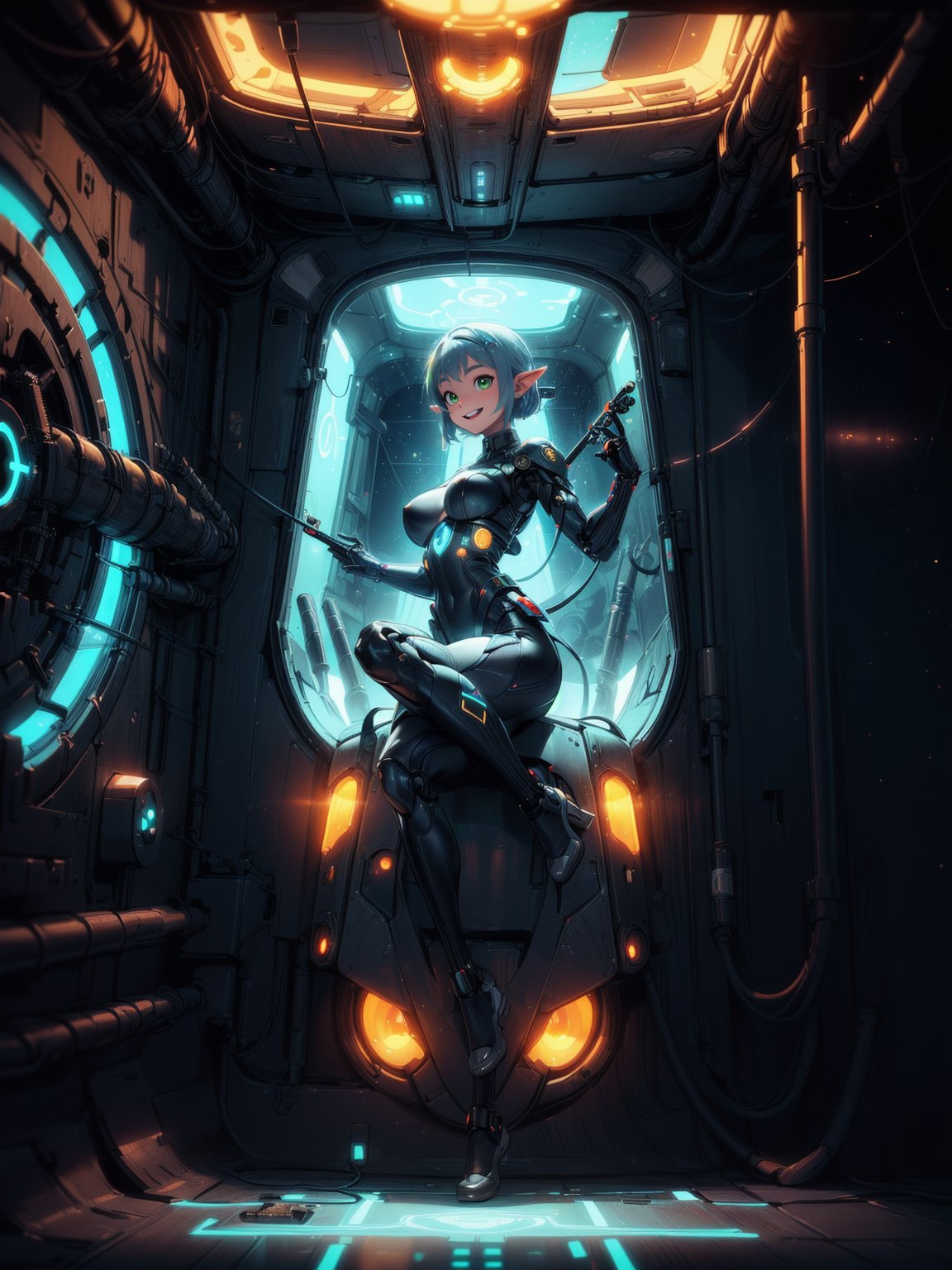 {(Princess Zelda - Cyborg)},  {((wearing a black futuristic costume with extremely tight and tight golden parts on the bod...