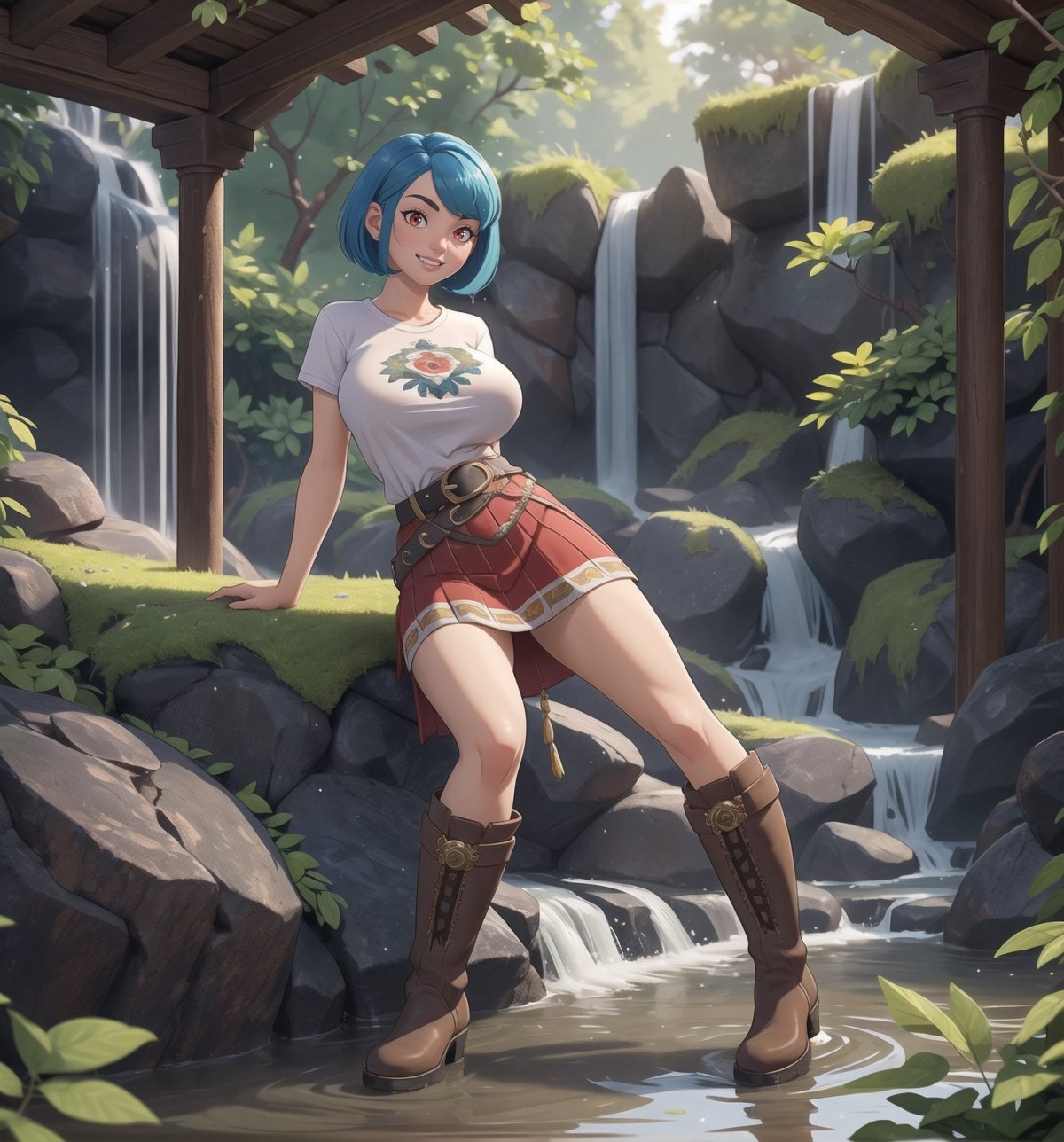 ((Masterpiece in maximum 16K resolution, with the realistic style emphasizing precise textures and details)). | A beautiful 24-year-old mature woman, with short blue hair and large bangs in front of her left eye, is in an ancient temple inside a waterfall, surrounded by various Aztec structures and figurines. She wears a white t-shirt, a short red accordion skirt, brown leather boots, and a black leather belt. Her outfit highlights her gigantic breasts. She looks directly at the viewer with red eyes and smiles evilly, showing her teeth. | The setting includes ancient stone structures, Aztec figurines, tropical vegetation, and falling water in the foreground, with moss-covered stone walls and roots in the midground. | Three-dimensional composition with a medium angle, highlighting the woman's figure and the mystical environment. | With cinematic lighting and elements such as sparkles, soft lighting, softness and particles add dynamism. | Scene of a beautiful mature woman in an ancient temple inside a waterfall, surrounded by various Aztec structures and figurines. | The camera is positioned very close to her, revealing her entire body as she assumes a sensual pose, interacting with and leaning against a structure in the scene in an exciting way. | (((She takes a sensual pose as she interacts, boldly leaning on a structure, leaning back in an exciting way.))), (((((full-body image))))), ((perfect pose, perfect anatomy, perfect body)), ((better hands, perfect fingers, perfect legs, perfect hands)), (((gigantic breasts))), (((perfect composition, perfect design, perfect layout, correct imperfections))), ((More Detail, Enhance)), toon