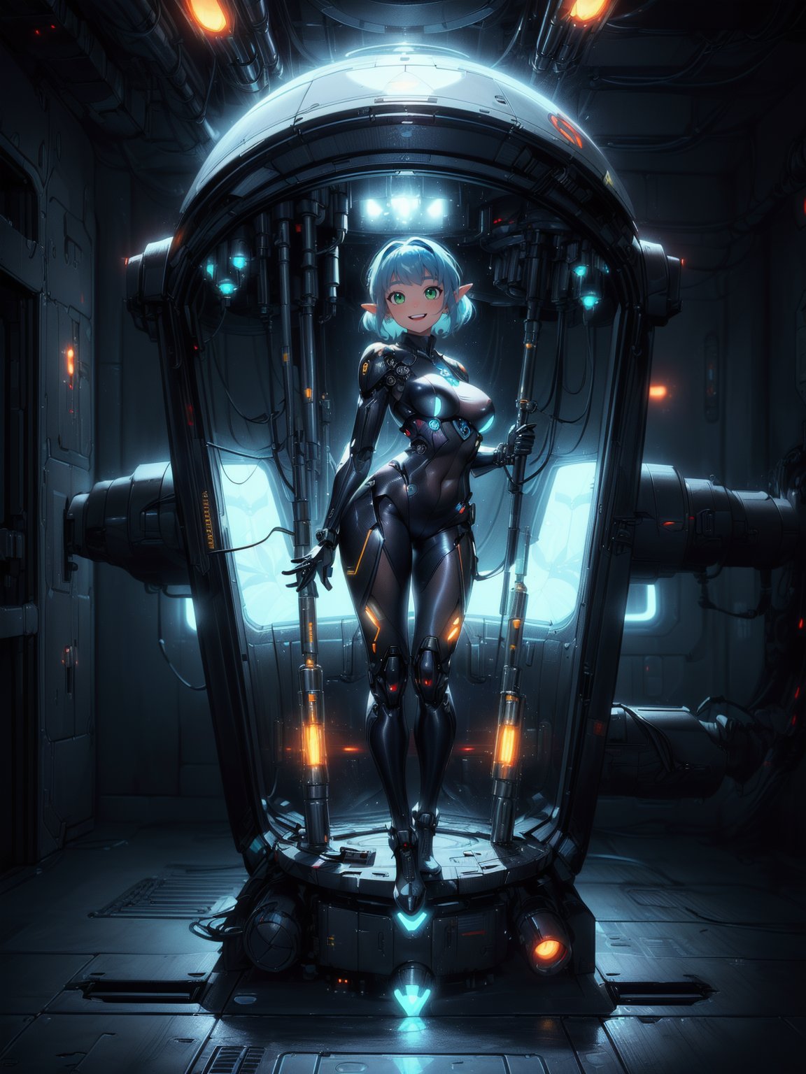 {(Princess Zelda - Cyborg)},  {((wearing a futuristic black costume with extremely tight and tight golden parts)),  she ha...