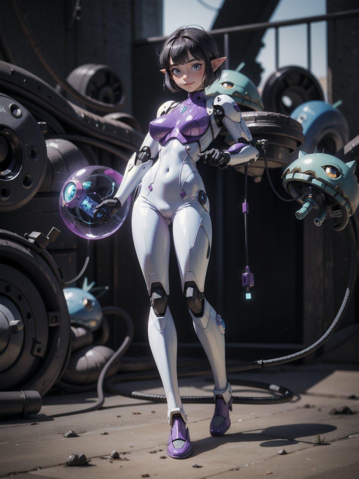 {(Princess Zelda)},  only she is {((white mecha suit with black part,  mechanical gears and cybernetic parts by Ryumaru on...