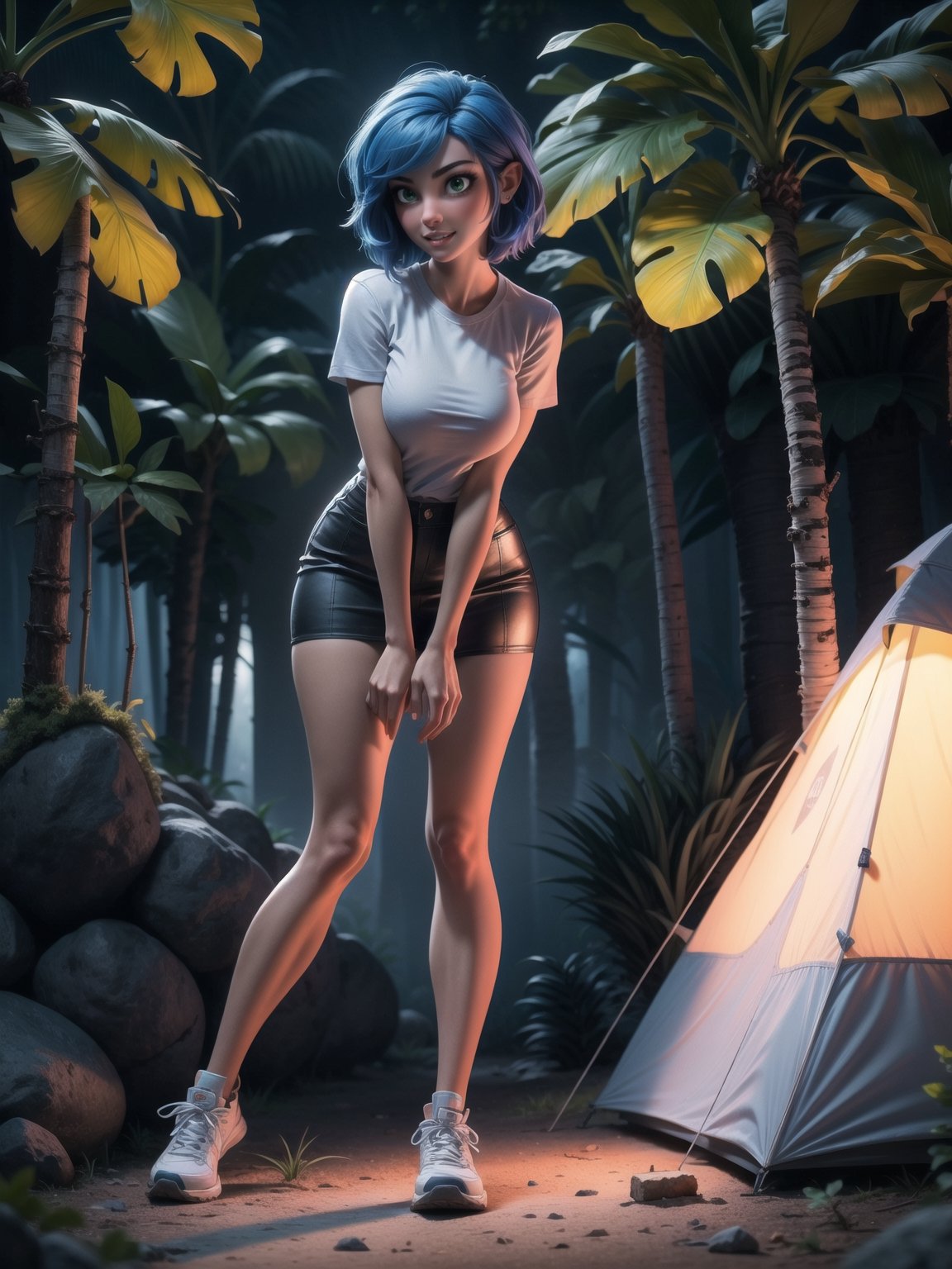 A woman, wearing a white T-shirt, black short skirt, white sneakers with red stripes, tight and short clothes, gigantic breasts, blue hair, short hair, hair with bangs in front of her eyes, (looking at the viewer), (((sensual pose+Interacting+leaning on anything+object+leaning against))) in a rainforest at night with many structures, large stones, a campsite with a campfire, tent, tree trunks, 16K, UHD, ((full body)), unreal engine 5, quality max, max resolution, ultra-realistic, ultra-detailed, maximum sharpness, ((perfect_hands)), ((perfect_legs)), zelda tears of the kingdom, Goodhands-beta2,