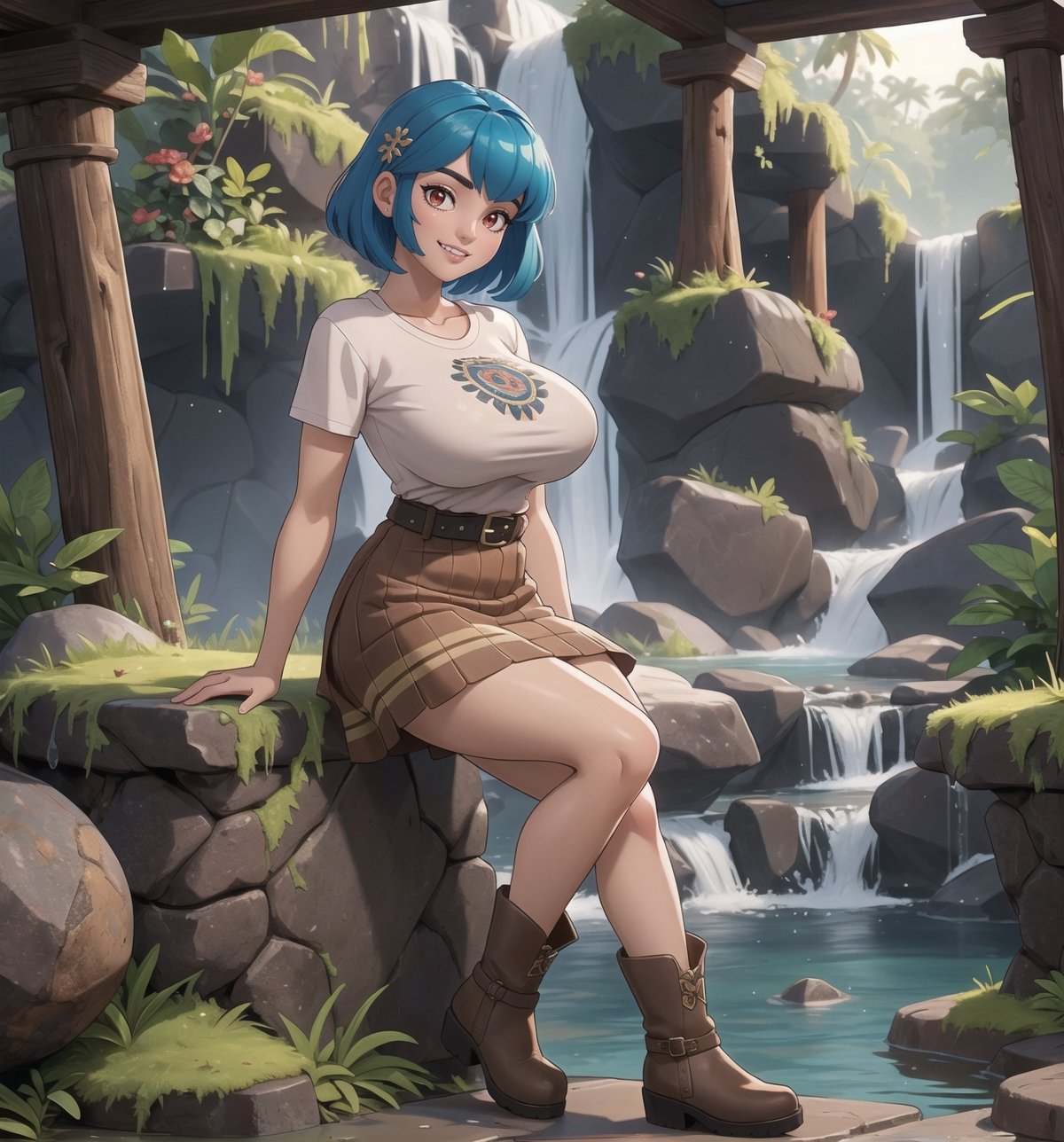 ((Masterpiece in maximum 16K resolution, with the realistic style emphasizing precise textures and details)). | A beautiful 24-year-old mature woman, with short blue hair and large bangs in front of her left eye, is in an ancient temple inside a waterfall, surrounded by various Aztec structures and figurines. She wears a white t-shirt, a short red accordion skirt, brown leather boots, and a black leather belt. Her outfit highlights her gigantic breasts. She looks directly at the viewer with red eyes and smiles evilly, showing her teeth. | The setting includes ancient stone structures, Aztec figurines, tropical vegetation, and falling water in the foreground, with moss-covered stone walls and roots in the midground. | Three-dimensional composition with a medium angle, highlighting the woman's figure and the mystical environment. | With cinematic lighting and elements such as sparkles, soft lighting, softness and particles add dynamism. | Scene of a beautiful mature woman in an ancient temple inside a waterfall, surrounded by various Aztec structures and figurines. | The camera is positioned very close to her, revealing her entire body as she assumes a sensual pose, interacting with and leaning against a structure in the scene in an exciting way. | (((She takes a sensual pose as she interacts, boldly leaning on a structure, leaning back in an exciting way.))), (((((full-body image))))), ((perfect pose, perfect anatomy, perfect body)), ((better hands, perfect fingers, perfect legs, perfect hands)), (((gigantic breasts))), (((perfect composition, perfect design, perfect layout, correct imperfections))), ((More Detail, Enhance)), toon