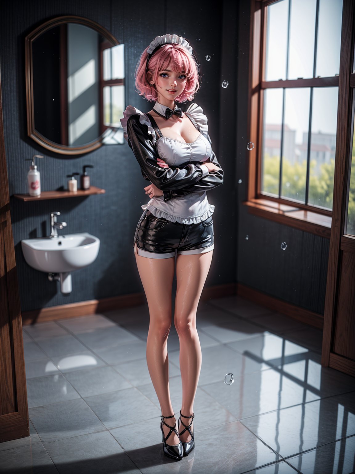 {((1woman))}, only she is {((wearing black maid attire, extremely short and tight white shorts on the body)), only elá has ((giant breasts)), ((very slick pink short hair, blue eyes)), ((staring at the viewer, smiling)), ((pose, in a bathroom under a shower, water dropping all over the body, bathroom with bathtub, toilet, sink, window with birds)},  ((full body):1.5), 16k, best quality, best resolution, best sharpness,