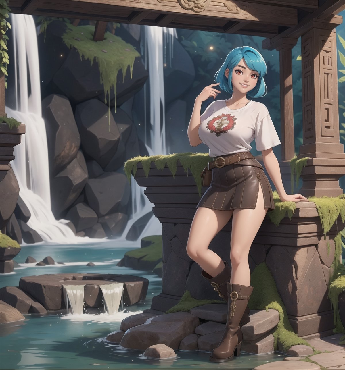 ((Masterpiece in maximum 16K resolution, with the realistic style emphasizing precise textures and details)). | A beautiful 24-year-old mature woman, with short blue hair and large bangs in front of her left eye, is in an ancient temple inside a waterfall, surrounded by various Aztec structures and figurines. She wears a white t-shirt, a short red accordion skirt, brown leather boots, and a black leather belt. Her outfit highlights her gigantic breasts. She looks directly at the viewer with red eyes and smiles evilly, showing her teeth. | The setting includes ancient stone structures, Aztec figurines, tropical vegetation, and falling water in the foreground, with moss-covered stone walls and roots in the midground. | Three-dimensional composition with a medium angle, highlighting the woman's figure and the mystical environment. | With cinematic lighting and elements such as sparkles, soft lighting, softness and particles add dynamism. | Scene of a beautiful mature woman in an ancient temple inside a waterfall, surrounded by various Aztec structures and figurines. | The camera is positioned very close to her, revealing her entire body as she assumes a sensual pose, interacting with and leaning against a structure in the scene in an exciting way. | (((She takes a sensual pose as she interacts, boldly leaning on a structure, leaning back in an exciting way.))), (((((full-body image))))), ((perfect pose, perfect anatomy, perfect body)), ((better hands, perfect fingers, perfect legs, perfect hands)), (((gigantic breasts))), (((perfect composition, perfect design, perfect layout, correct imperfections))), ((More Detail, Enhance)), toon