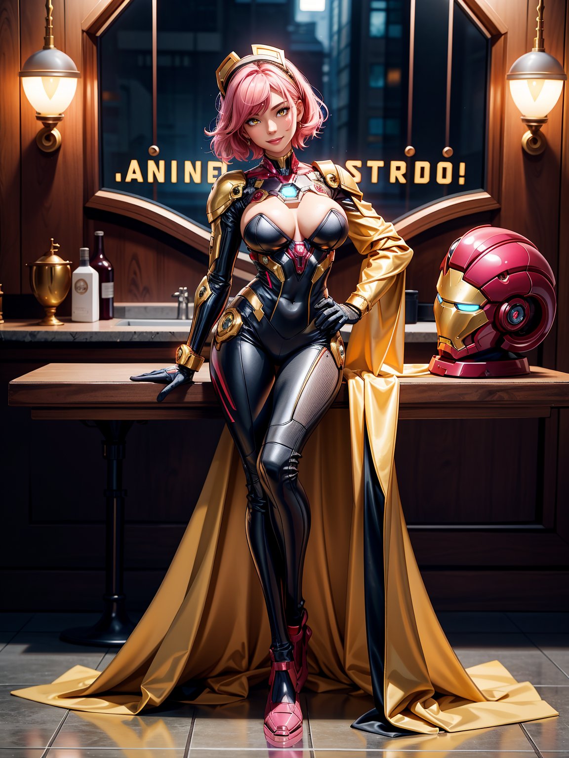 A woman, maid suit + iron man suit, black suit with gold parts, extremely tight and tight on the body, gigantic breasts, helmet on the head, pink hair, short hair, hair with bangs in front of the eyes, looking at the spectator, (((erotic pose interacting and leaning [on an object|on something in the environment]))), on a plane in the passenger area, with chairs, machinery, window, cabins ((full body):1.5) . 16k, UHD, best possible quality, ultra detailed, best possible resolution, Unreal Engine 5, professional photography, perfect_hands, perfect_legs, ((Super Metroid))