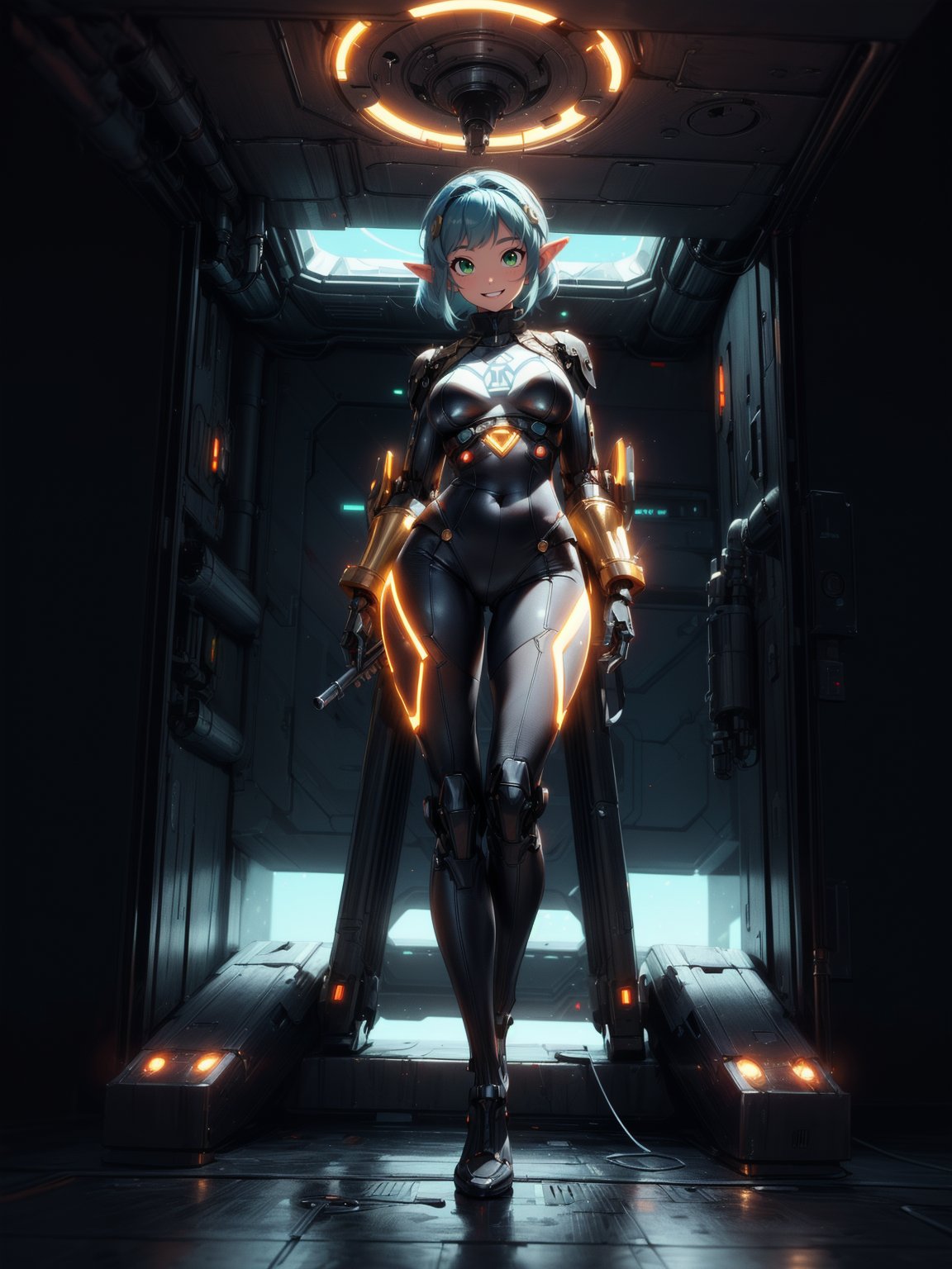 {(Princess Zelda - Cyborg)},  {((wearing a black futuristic costume with extremely tight and tight golden parts on the bod...