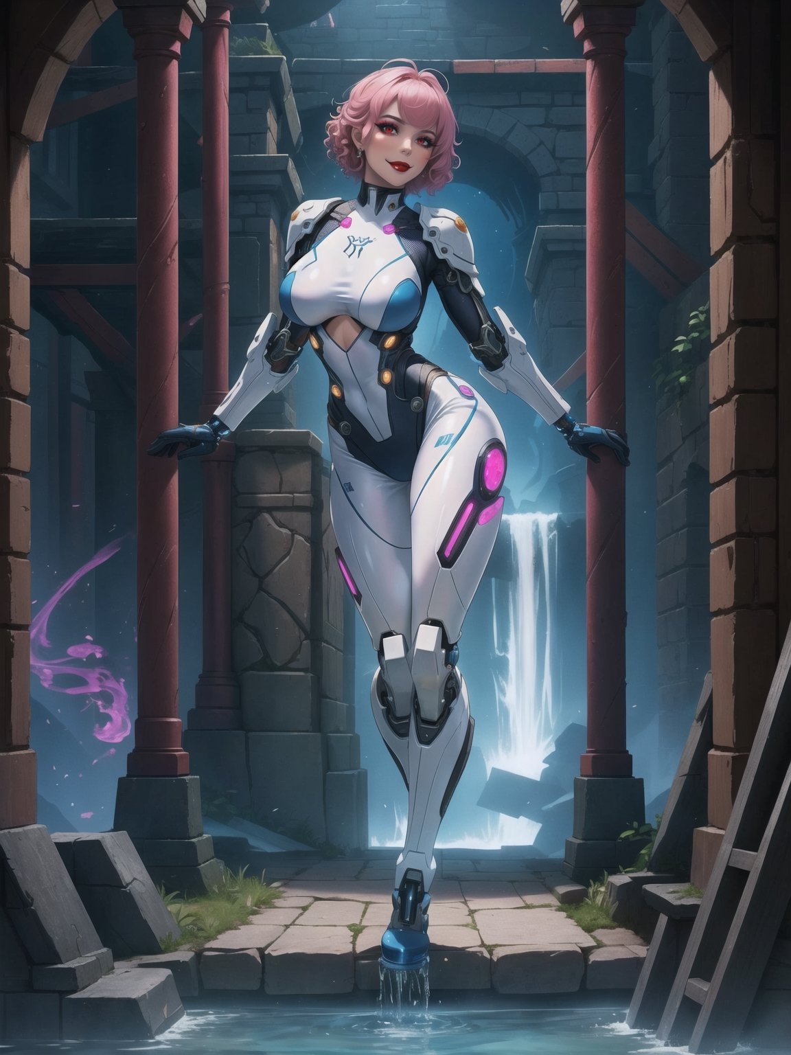 A woman, she is wearing an all-white cybernetic suit, a cybernetic suit with blue parts, a very tight cybernetic suit on her body, she has gigantic breasts, very short hair, pink hair, curly hair, hair with bangs in front of her eyes, she is looking directly at the viewer, she is in a dungeon, with large stone structures, many technological machines, many luminous pipes with running water, altars, figurines, warcraft, ((full body)),  UHD, best possible quality, ultra detailed, best possible resolution, ultra technological, Unreal Engine 5, professional photography, ((she is doing sensual pose, with interaction and leaning on anything, structures+object+on something+leaning against)), perfect, More detail,