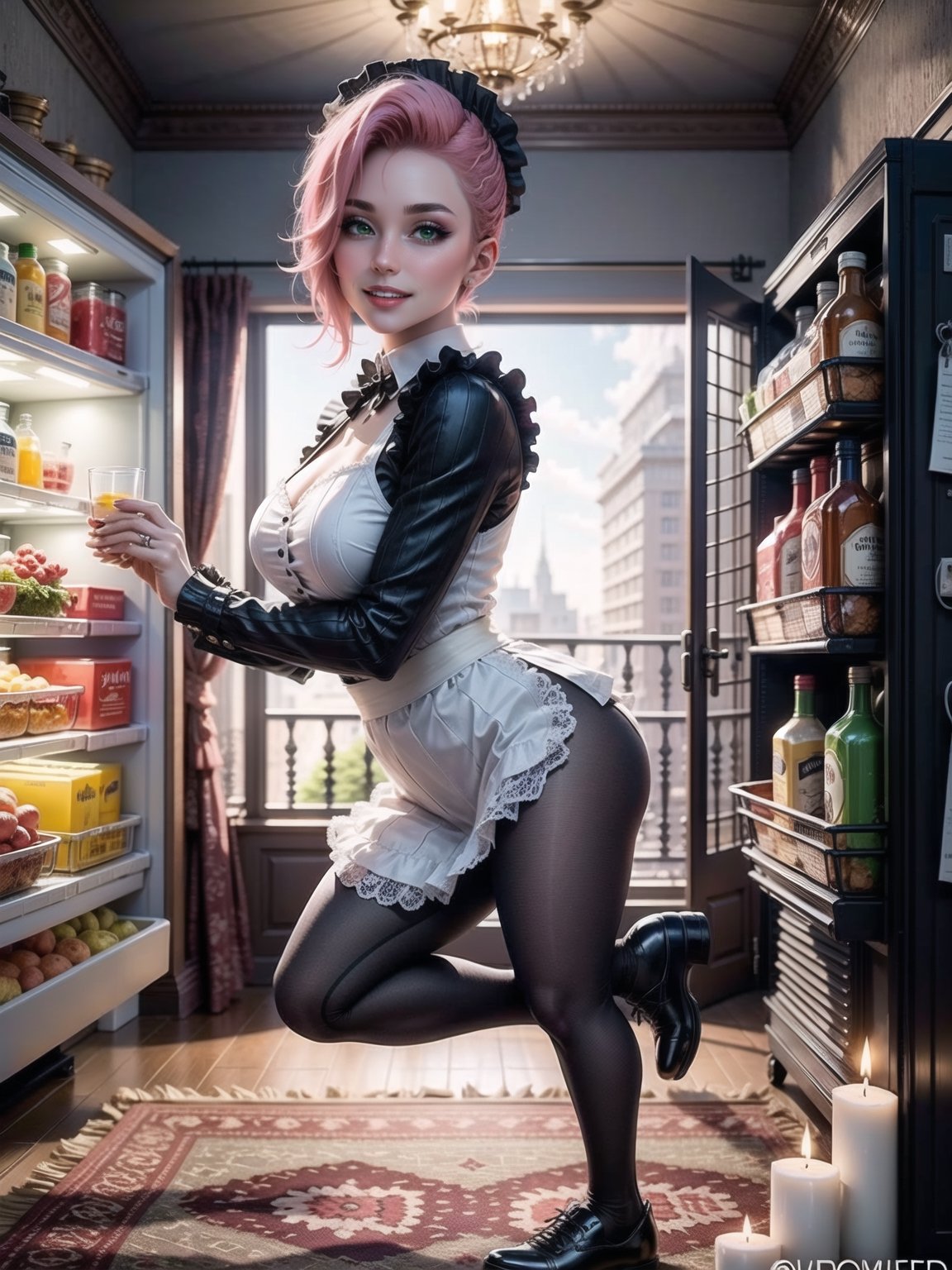 A woman, wearing costume of ((maid)) all black with white parts, white skirt with ruffle, very short hair, pink hair, (mohawk hair), hair with bangs in front of the eyes, (looking at the viewer), (((sensual pose with interaction and leaning on anything + object + on something + leaning against))) in an apartment, with furniture, 1+floor+chair, Plasma TV, refrigerator, table, bed, open window, candles illuminating the place, 16K, UHD, (full body:1.5), unreal engine 5, ultra technological, quality max, max resolution, More detail, ultra-realistic, ultra-detailed, maximum sharpness, perfect_hands, better_hands,