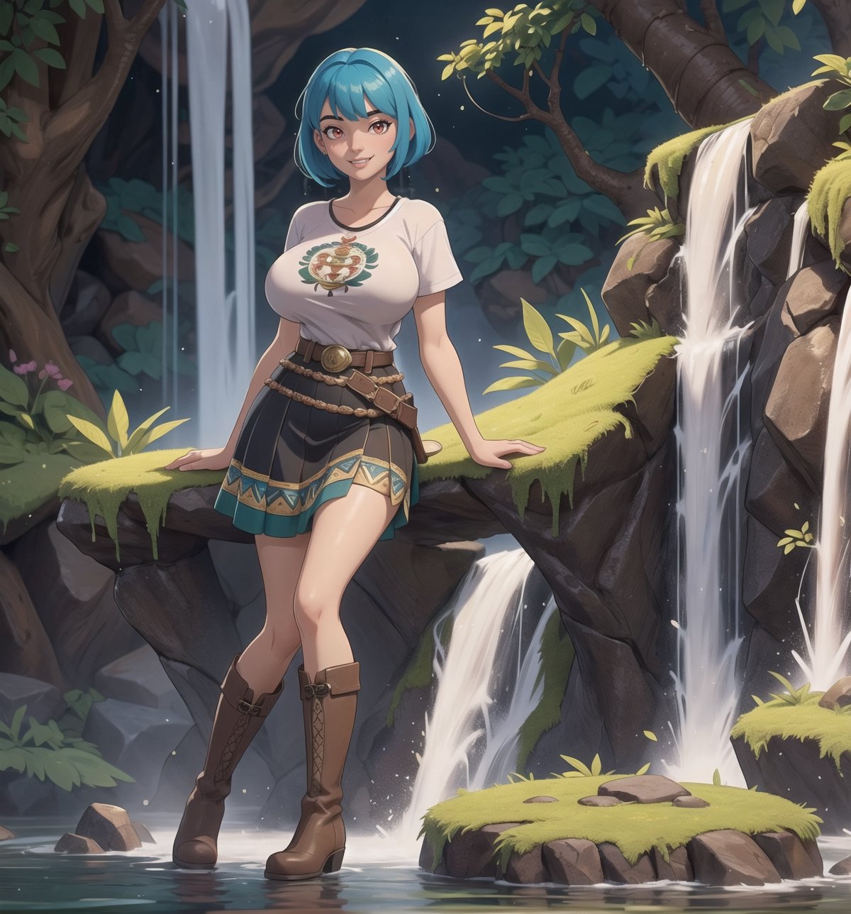 ((Masterpiece in maximum 16K resolution, with the realistic style emphasizing precise textures and details)). | A beautiful 24-year-old mature woman, with short blue hair and large bangs in front of her left eye, is in an ancient temple inside a waterfall, surrounded by various Aztec structures and figurines. She wears a white t-shirt, a short red accordion skirt, brown leather boots, and a black leather belt. Her outfit highlights her gigantic breasts. She looks directly at the viewer with red eyes and smiles evilly, showing her teeth. | The setting includes ancient stone structures, Aztec figurines, tropical vegetation, and falling water in the foreground, with moss-covered stone walls and roots in the midground. | Three-dimensional composition with a medium angle, highlighting the woman's figure and the mystical environment. | With cinematic lighting and elements such as sparkles, soft lighting, softness and particles add dynamism. | Scene of a beautiful mature woman in an ancient temple inside a waterfall, surrounded by various Aztec structures and figurines. | The camera is positioned very close to her, revealing her entire body as she assumes a sensual pose, interacting with and leaning against a structure in the scene in an exciting way. | (((She takes a sensual pose as she interacts, boldly leaning on a structure, leaning back in an exciting way.))), (((((full-body image))))), ((perfect pose, perfect anatomy, perfect body)), ((better hands, perfect fingers, perfect legs, perfect hands)), (((gigantic breasts))), (((perfect composition, perfect design, perfect layout, correct imperfections))), ((More Detail, Enhance)), toon